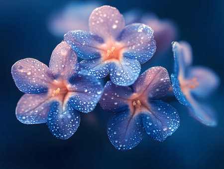 Close-up view of stunning blue flowers covered in water droplets. Exquisite macro photography.