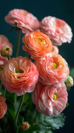 Close-up of a stunning bouquet of peach-colored ranunculus flowers. Their delicate petals and soft...