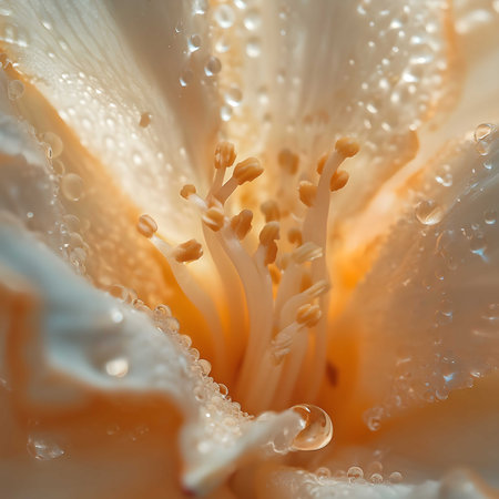 A close-up shot of a camellia flower, showing its delicate petals covered in morning dew. The macro photography emphasizes the flower's texture and beauty.の写真素材