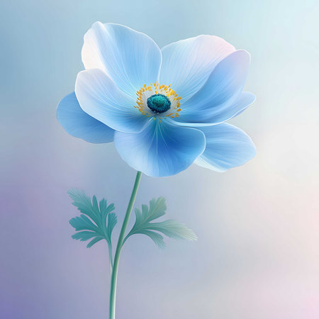 A stunning illustration of a light blue anemone flower, radiating serenity and peace. The delicate petals and soft background create a tranquil scene.の写真素材