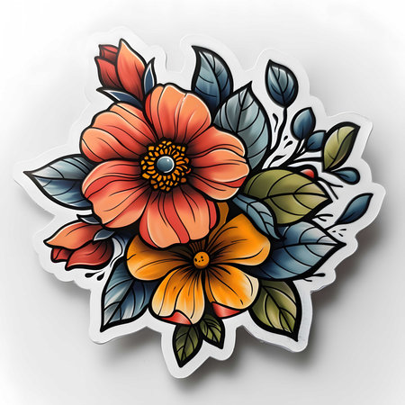 Close-up view of a vibrant floral bouquet featuring various flowers, leaves, and colors. The style is detailed, making it perfect for prints, stickers, and tattoos.の写真素材
