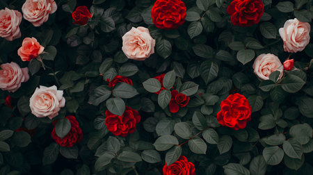 Stunning close-up of red and pink roses in full bloom. A beautiful garden scene.の写真素材