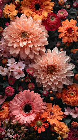 Close-up view of various flowers in shades of peach, orange, and pink. Dahlias, gerbera daisies, and...