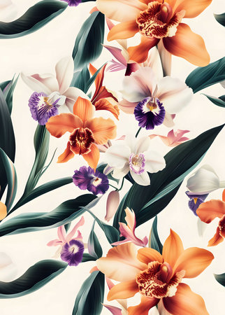 A stunning array of orchids in vibrant hues, creating a lush and elegant botanical print.の写真素材