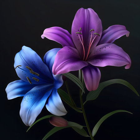 Two lilies, one purple and one blue, stand out against a dark background. Their vibrant colors and intricate details are beautifully captured.の写真素材