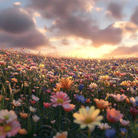 A breathtaking sunset paints the sky above a vast, colorful wildflower meadow. The scene exudes tranquility and natural beauty.の写真素材