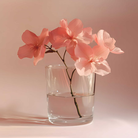 A bunch of soft pink geraniums in a clear glass vase against a light pink backdrop.の写真素材