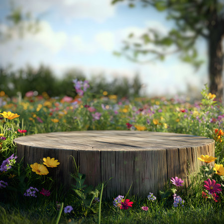 A wooden stump sits in a vibrant spring meadow. The flowers are in full bloom.の写真素材