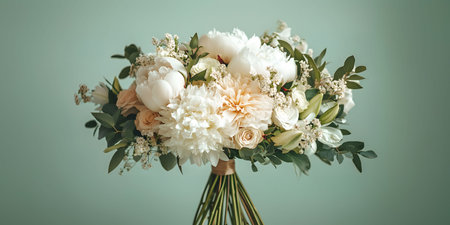 A breathtaking bridal bouquet featuring a mix of cream and white peonies, roses, and lilies. Perfect for a romantic wedding.の写真素材