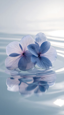 Two delicate hydrangea blossoms float serenely on calm water, creating a beautiful reflection.の写真素材