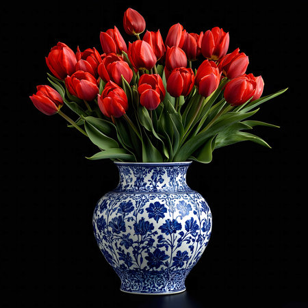 A stunning bouquet of red tulips arranged in a delicate blue and white porcelain vase. The image is a study in color and texture.の写真素材