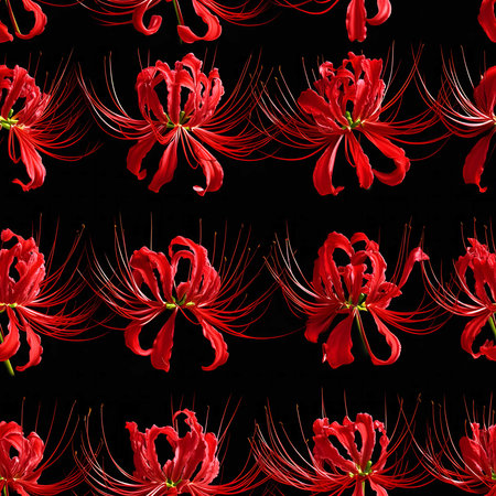 A captivating pattern showcasing vibrant red spider lilies against a black background. The intricate details and intense color create a stunning visual display.の写真素材