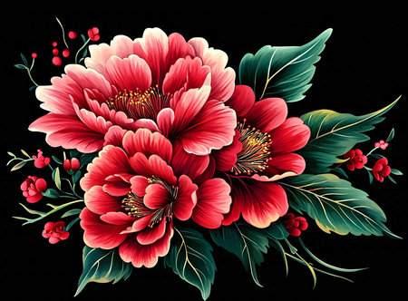 Elegant crimson peonies in full bloom, set against a dark background. A vibrant painting of luxurious flowers.の写真素材
