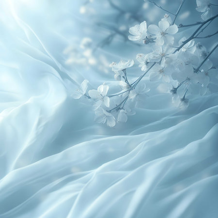 Delicate white blossoms rest on flowing blue silk. A serene and peaceful spring scene.の写真素材