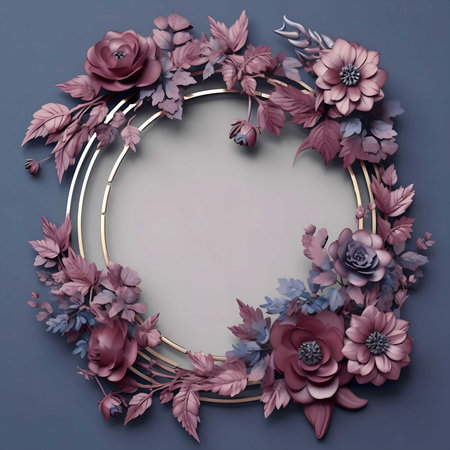 A stunning 3D rendered image of a circular floral frame. Featuring mauve and dusky blue roses and...