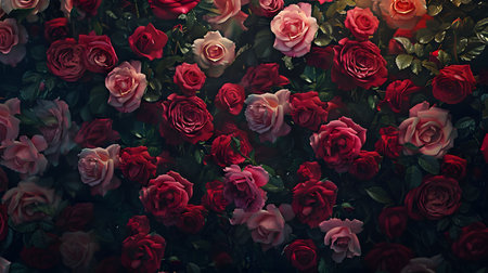 A captivating image showcasing a dense array of red and pink roses, creating a luxurious and romantic atmosphere.の写真素材