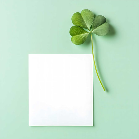 A four-leaf clover and a blank white card on a pale green background.の写真素材