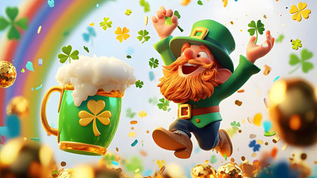 A cheerful leprechaun leaps amidst a shower of gold and clovers, enjoying a festive St. Patrick's Day celebration.の写真素材
