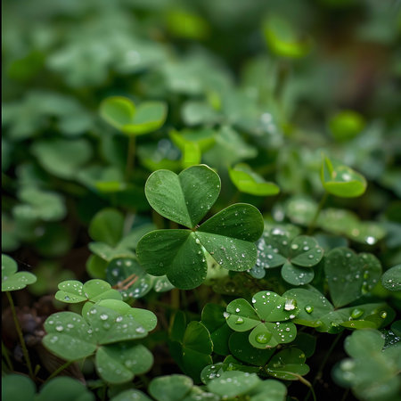 Close-up view of a vibrant clover meadow with dew drops on the leaves. Green meadow background.