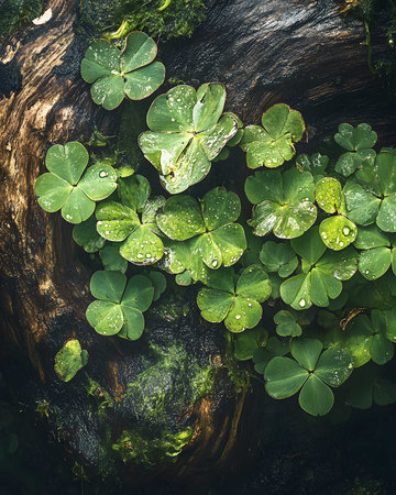 Close-up of vibrant green clover leaves growing on damp, dark wood. A tranquil scene.の写真素材