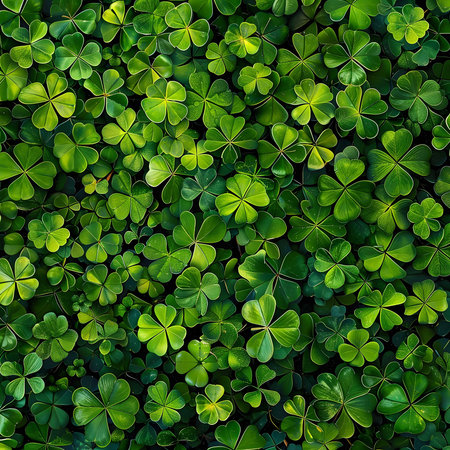 Close-up view of a dense collection of vibrant green clover leaves forming a rich and lush natural...