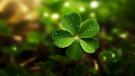Close-up shot of a four-leaf clover with water droplets, symbolizing luck and nature's beauty.の写真素材
