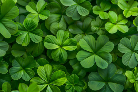 Close-up image of many vibrant green clover leaves. Perfect background for St. Patrick's Day.