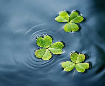 Three clovers gently float on calm, blue water, creating a peaceful and beautiful scene.