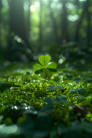 A single clover leaf stands out in a sunlit forest. The image captures the serene beauty of nature,...