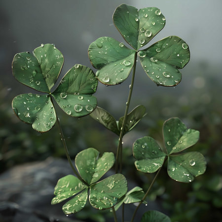 Close-up of clover leaves glistening with dew drops, showcasing vibrant green hues and natural beauty.の写真素材