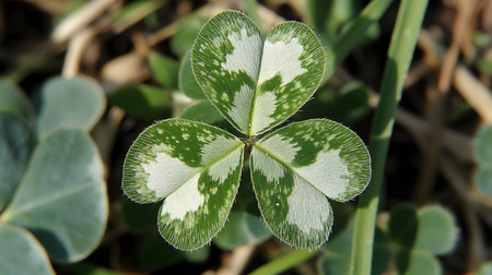 A detailed macro photograph of a clover leaf showing its unique variegated pattern of green and white. The leaf stands out against a softly blurred background.の写真素材