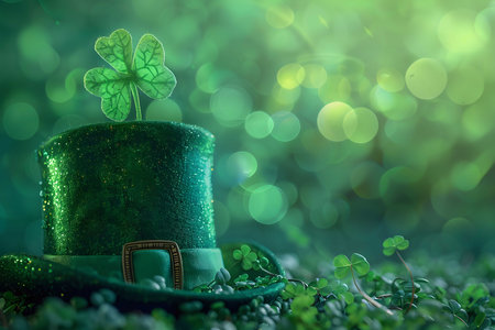 A vibrant St. Patrick's Day image featuring a leprechaun hat with a shamrock. Green bokeh creates a...