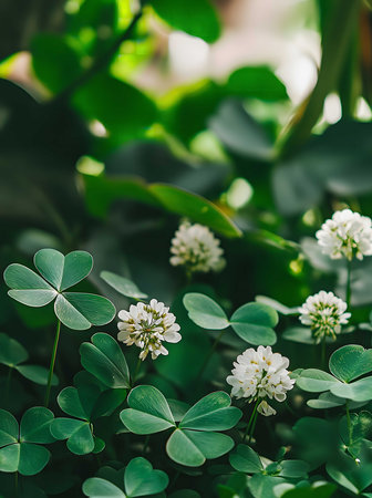 Image showcases white clover flowers and green leaves. A peaceful nature scene