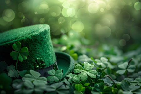 A festive St. Patrick's Day image of a green leprechaun hat on shamrocksの写真素材