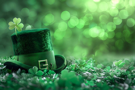 A green leprechaun hat sits in a field of shamrocks. The image is vibrant and festive, perfect for...