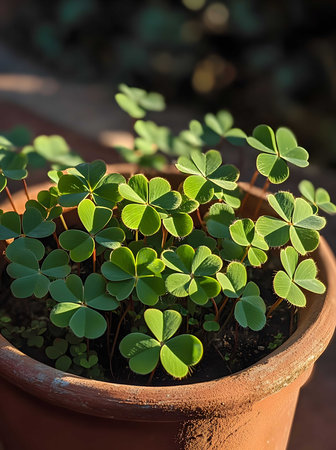 A terracotta pot filled with vibrant green clover plants basking in sunlight.の写真素材