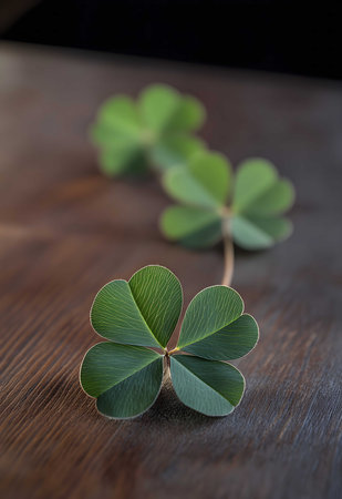 Close-up of a four-leaf clover resting on a dark wooden surface. Symbol of luck and good fortune.の写真素材