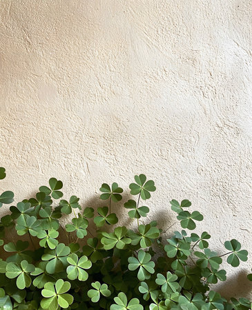 Close-up of vibrant green Oxalis Triangularis leaves against a textured beige wall.の写真素材