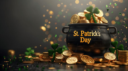 A 3D rendering of a black pot overflowing with gold coins and shamrocks for St. Patrick's Day. A festive scene brimming with luck and joy.の写真素材
