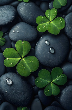Close-up of three-leaf clovers on dark stones with water droplets. Serenity and nature theme.の写真素材