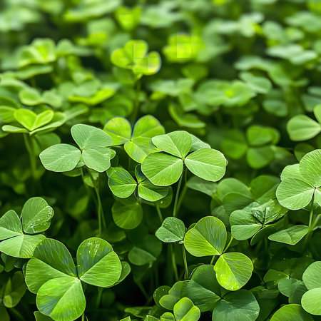 A close-up shot of a dense clover field, showing vibrant green leaves and a lush texture. The image conveys the beauty of nature.の写真素材