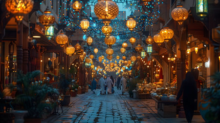 A vibrant night market scene in an Arabian city, illuminated by hanging lanterns. People stroll along the cobblestone street.の写真素材