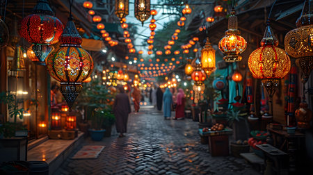 A mesmerizing night market scene, filled with glowing lanterns and warm lighting, creating a magical ambiance. People stroll through the charming cobblestone streets.の写真素材