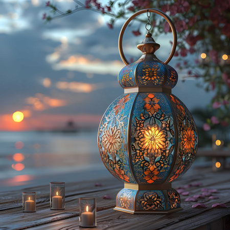 A beautifully ornate Moroccan lantern sits on a wooden surface, glowing softly against a breathtaking sunset over the ocean. Candles surround it creating a serene and peaceful scene.の写真素材