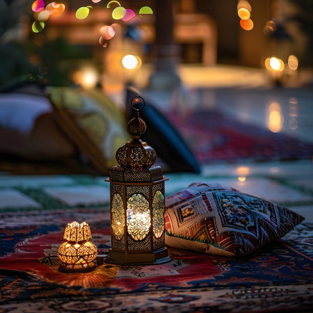 Moroccan lanterns glow softly on a patterned rug, creating a serene and peaceful night scene.の写真素材