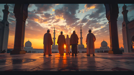 Five men stand silhouetted against a vibrant sunset at the Sheikh Zayed Grand Mosque in Abu Dhabi.の写真素材