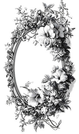 A grayscale image of an oval frame adorned with intricately floral details. Elegant and classic design.の写真素材