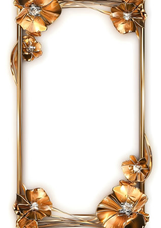 A digital image showcasing an ornate golden frame adorned with sculpted flowers and sparkling diamonds. Perfect for elegant designs.の写真素材