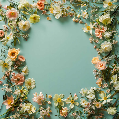 Pastel flowers create a beautiful frame against a teal backdrop. Perfect for spring or summer themes.の写真素材
