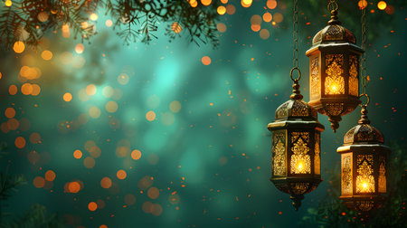 Three ornate golden lanterns illuminate a mystical forest at night, creating a magical Ramadan...